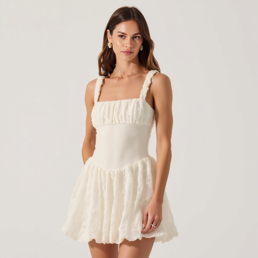 Bouclé Knit Fit & Flare Mini Dress with Textured Straps and Gathered Skirt