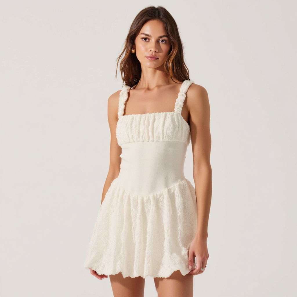 Bouclé Knit Fit & Flare Mini Dress with Textured Straps and Gathered Skirt