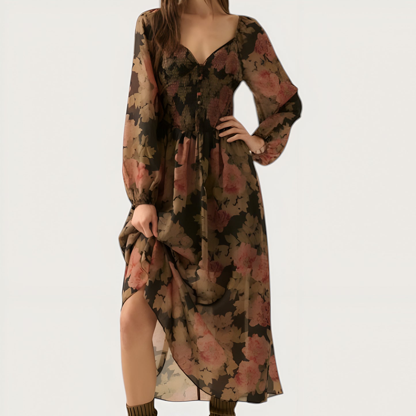 Floral-Print Wrinkle Texture Midi Dress with Smocked Bodice and Puff Sleeves