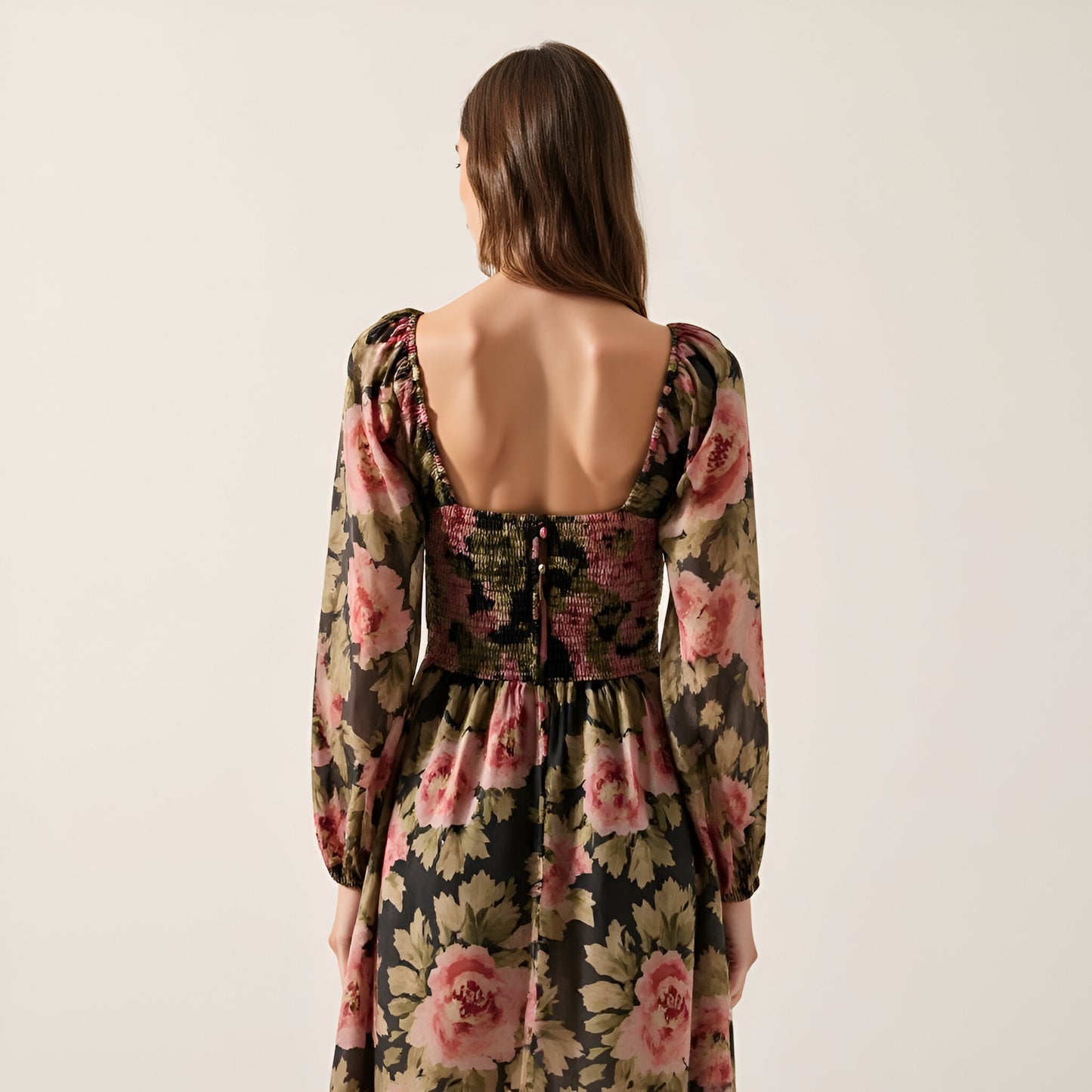 Floral-Print Wrinkle Texture Midi Dress with Smocked Bodice and Puff Sleeves