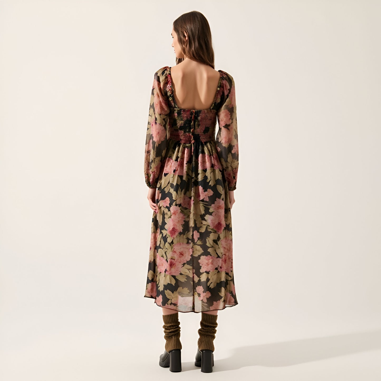 Floral-Print Wrinkle Texture Midi Dress with Smocked Bodice and Puff Sleeves