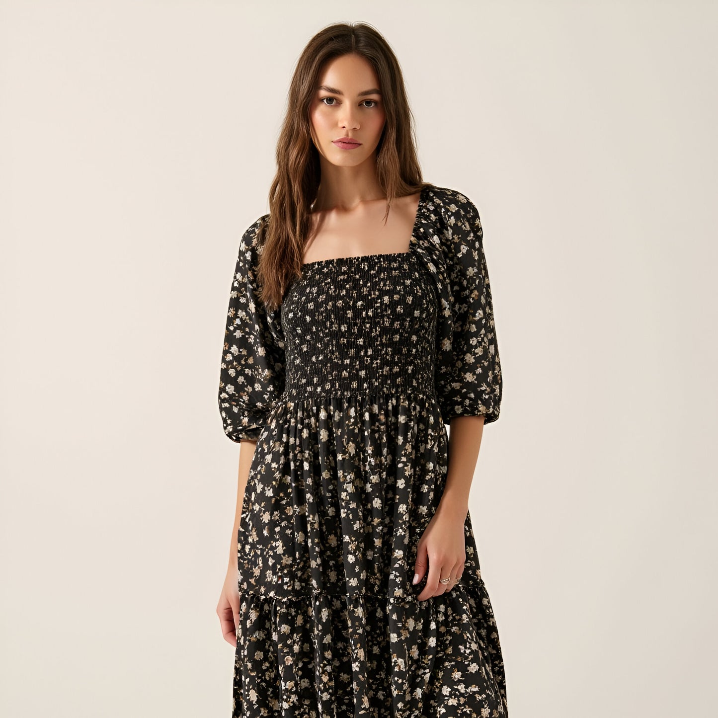 Floral Print Woven Midi Dress with Smocked Bodice, Puff Sleeves and Tiered Ruffle Skirt