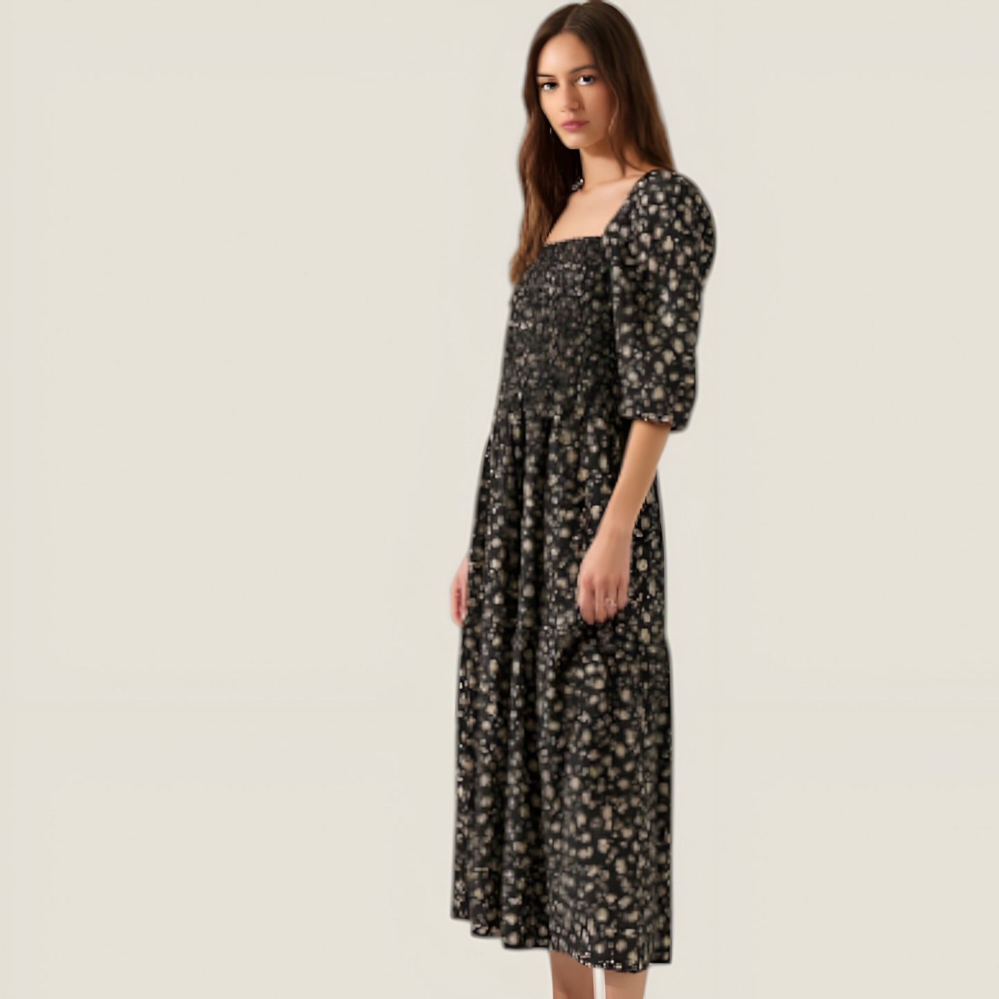 Floral Print Woven Midi Dress with Smocked Bodice, Puff Sleeves and Tiered Ruffle Skirt