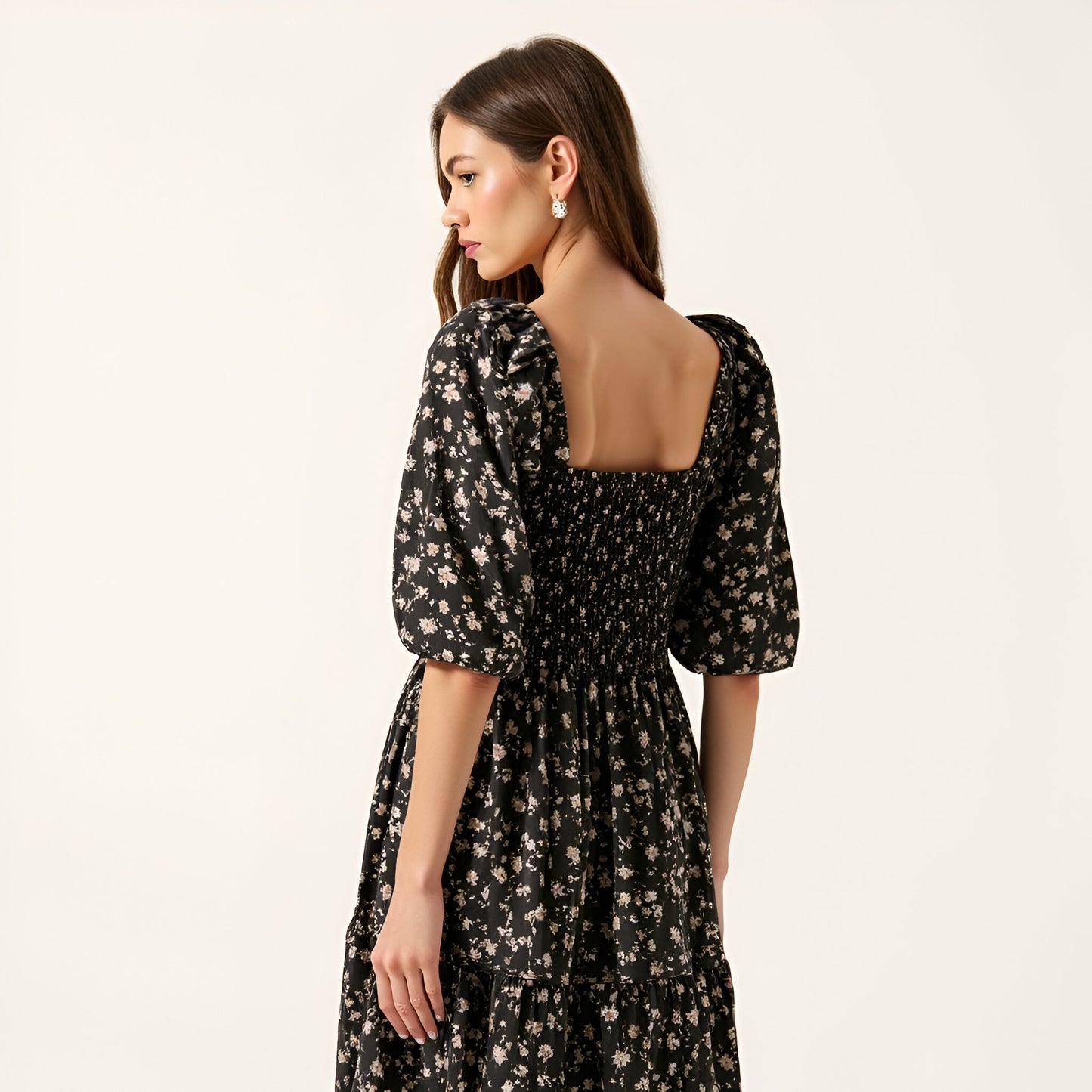 Floral Print Woven Midi Dress with Smocked Bodice, Puff Sleeves and Tiered Ruffle Skirt