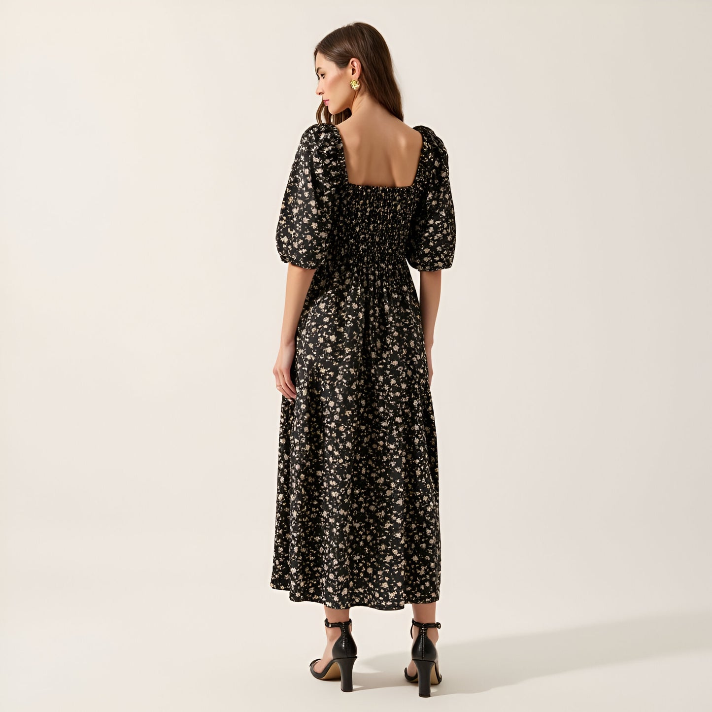 Floral Print Woven Midi Dress with Smocked Bodice, Puff Sleeves and Tiered Ruffle Skirt