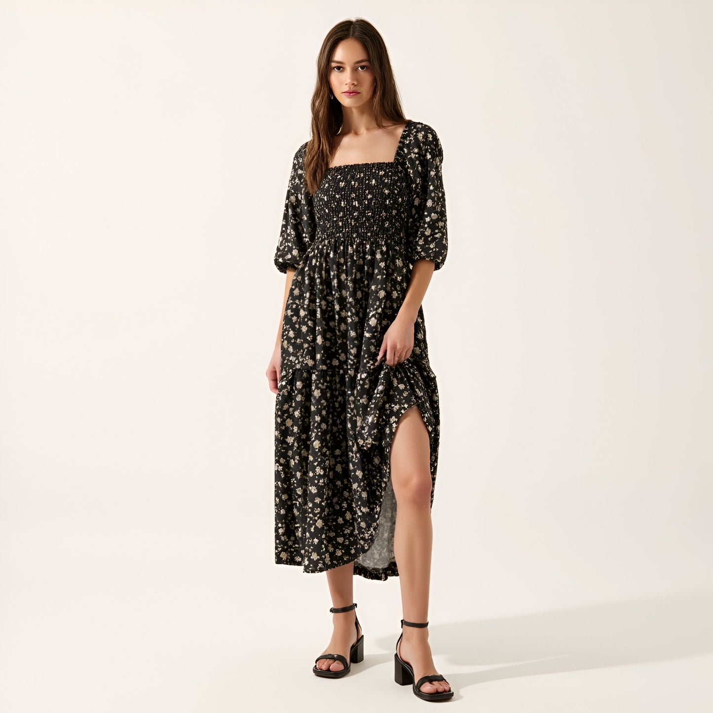 Floral Print Woven Midi Dress with Smocked Bodice, Puff Sleeves and Tiered Ruffle Skirt