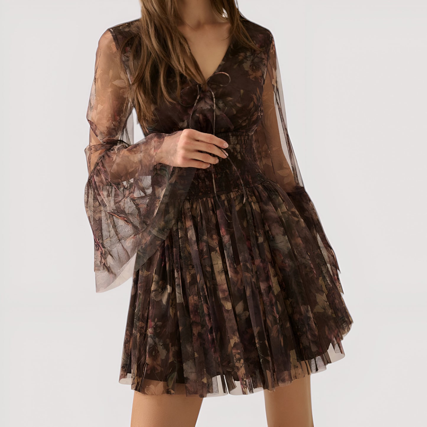 Floral Long Sleeve Mini Dress with Smocked Waist and Flared Skirt