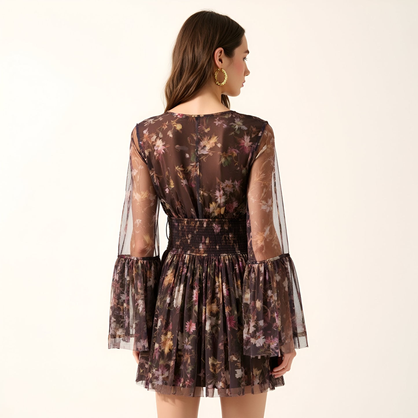 Floral Long Sleeve Mini Dress with Smocked Waist and Flared Skirt