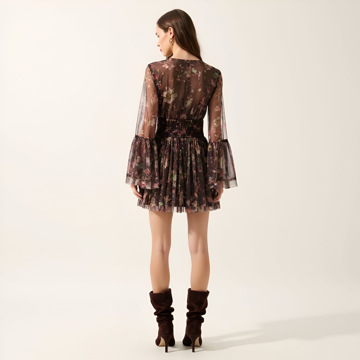 Floral Long Sleeve Mini Dress with Smocked Waist and Flared Skirt