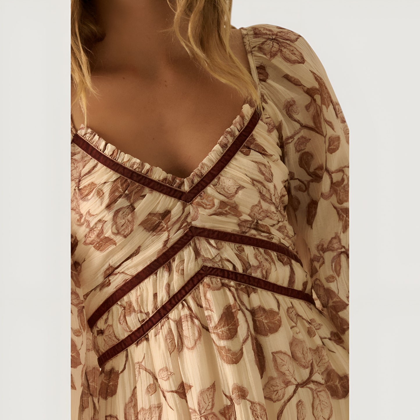Long Sleeve Floral Print Maxi Dress with Velvet Trim and Slit