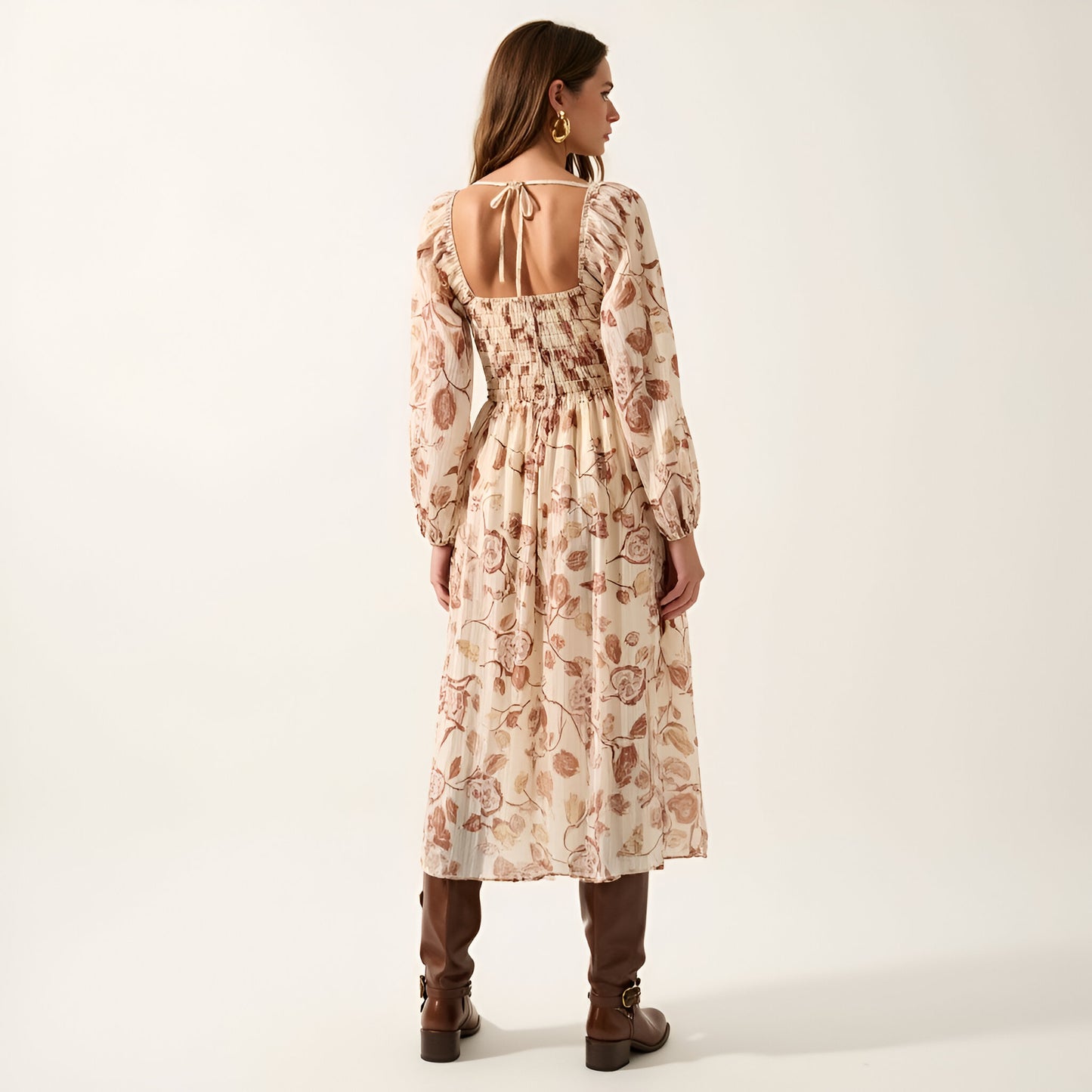 Long Sleeve Floral Print Maxi Dress with Velvet Trim and Slit