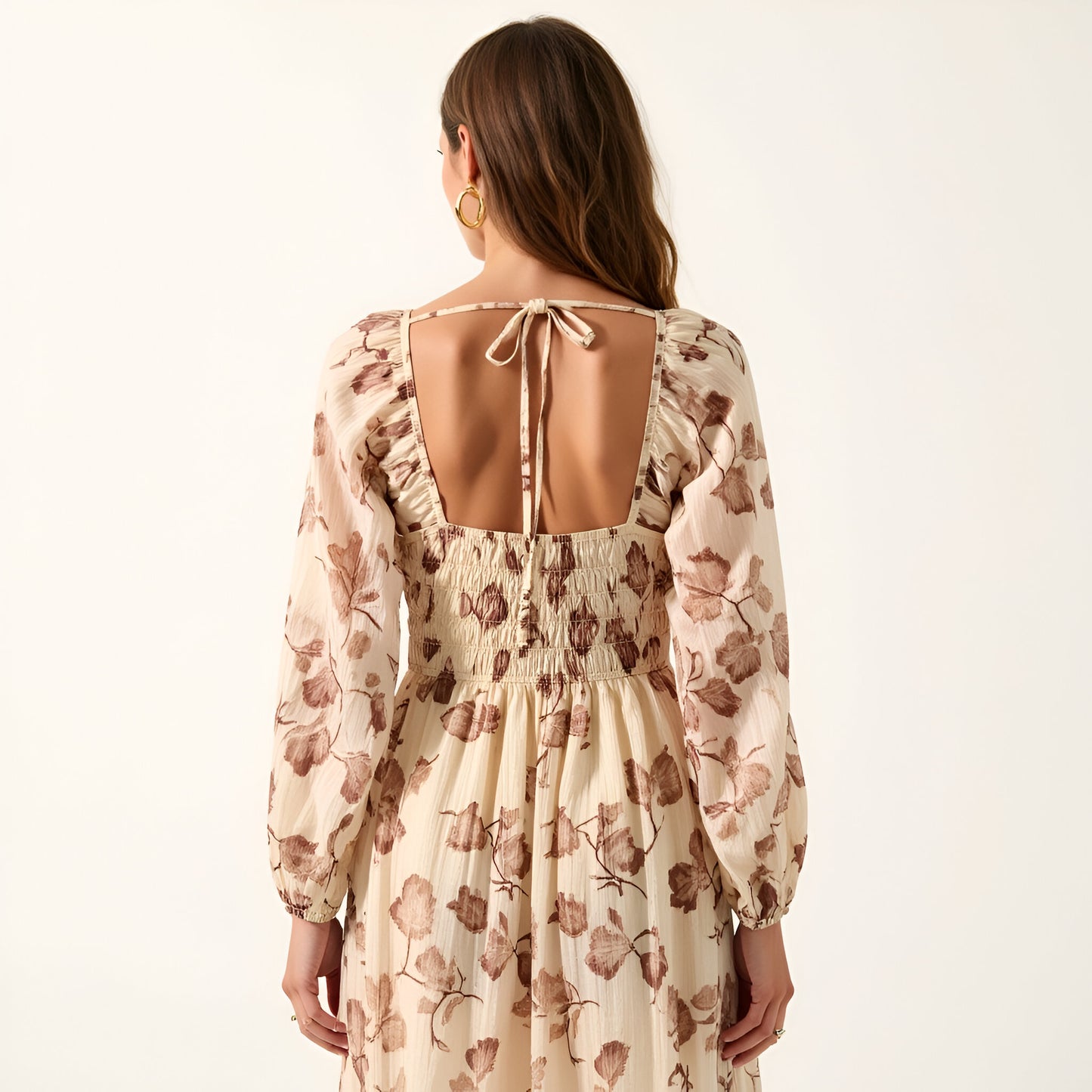 Long Sleeve Floral Print Maxi Dress with Velvet Trim and Slit