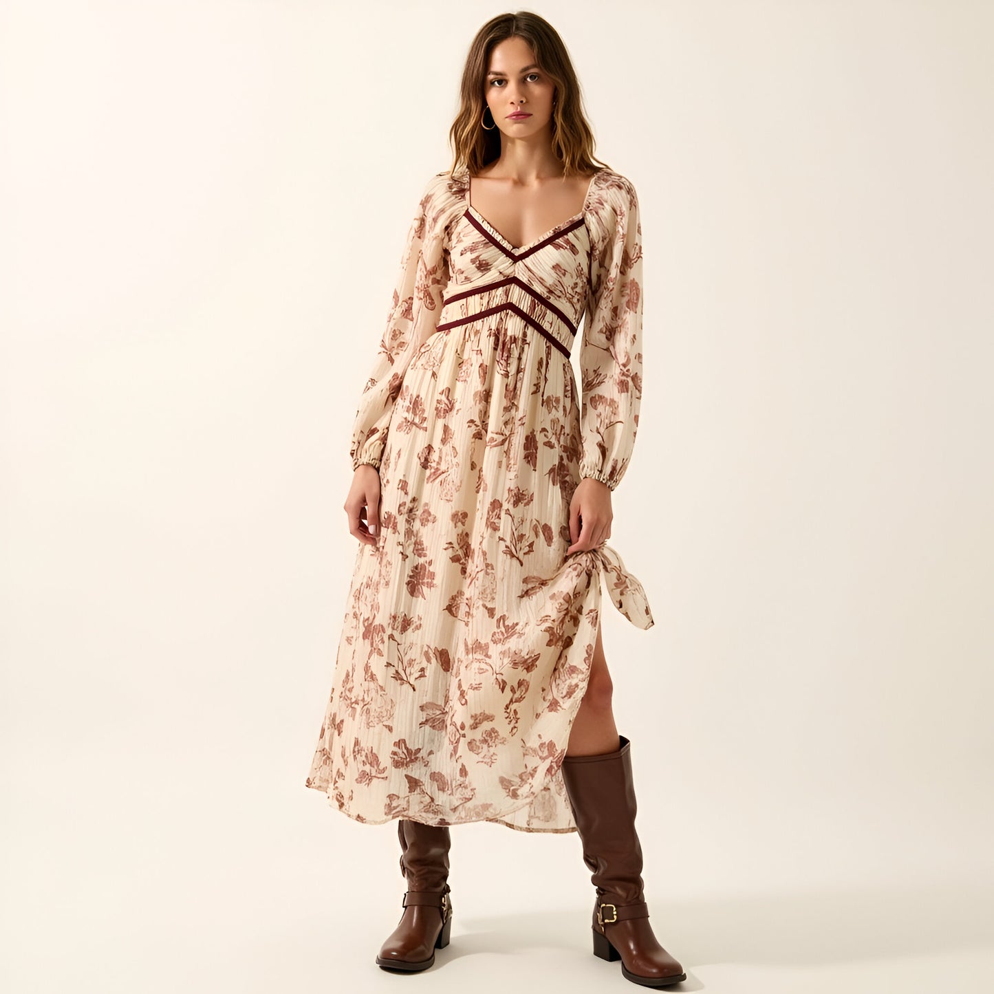 Long Sleeve Floral Print Maxi Dress with Velvet Trim and Slit
