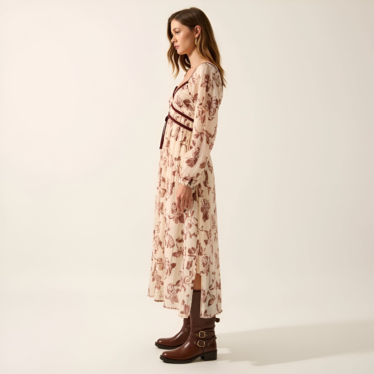 Long Sleeve Floral Print Maxi Dress with Velvet Trim and Slit