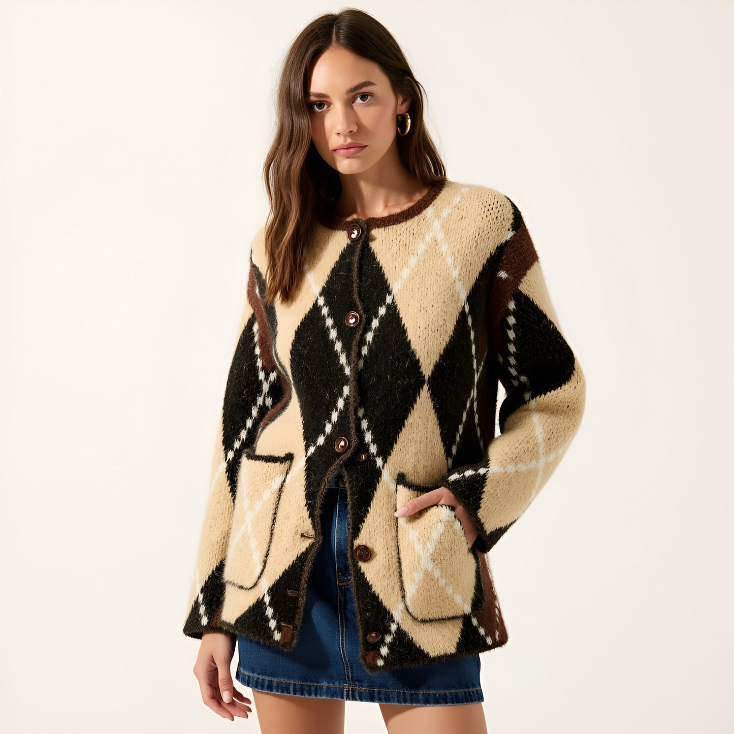 Argyle Button Front Cardigan with Long Sleeves and Front Patch Pockets
