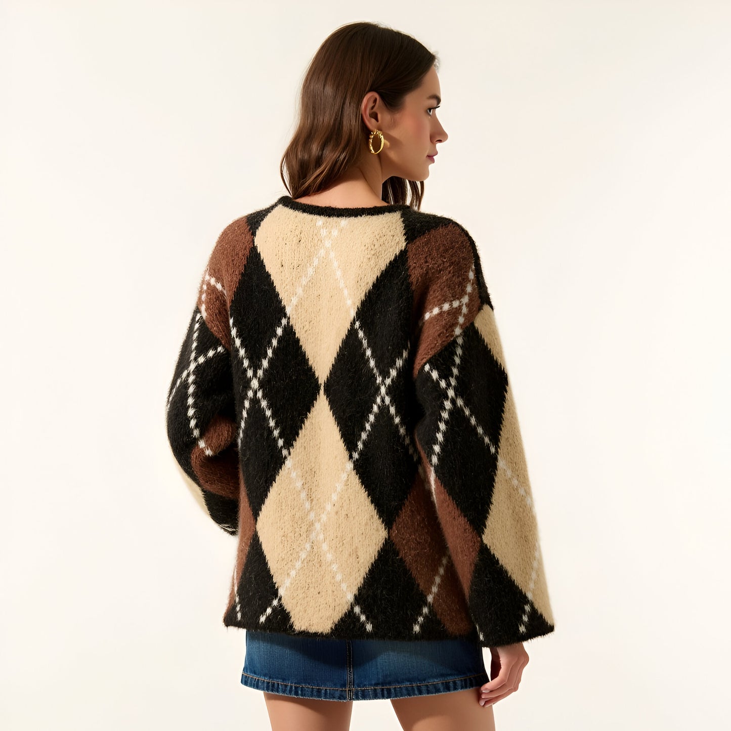 Argyle Button Front Cardigan with Long Sleeves and Front Patch Pockets