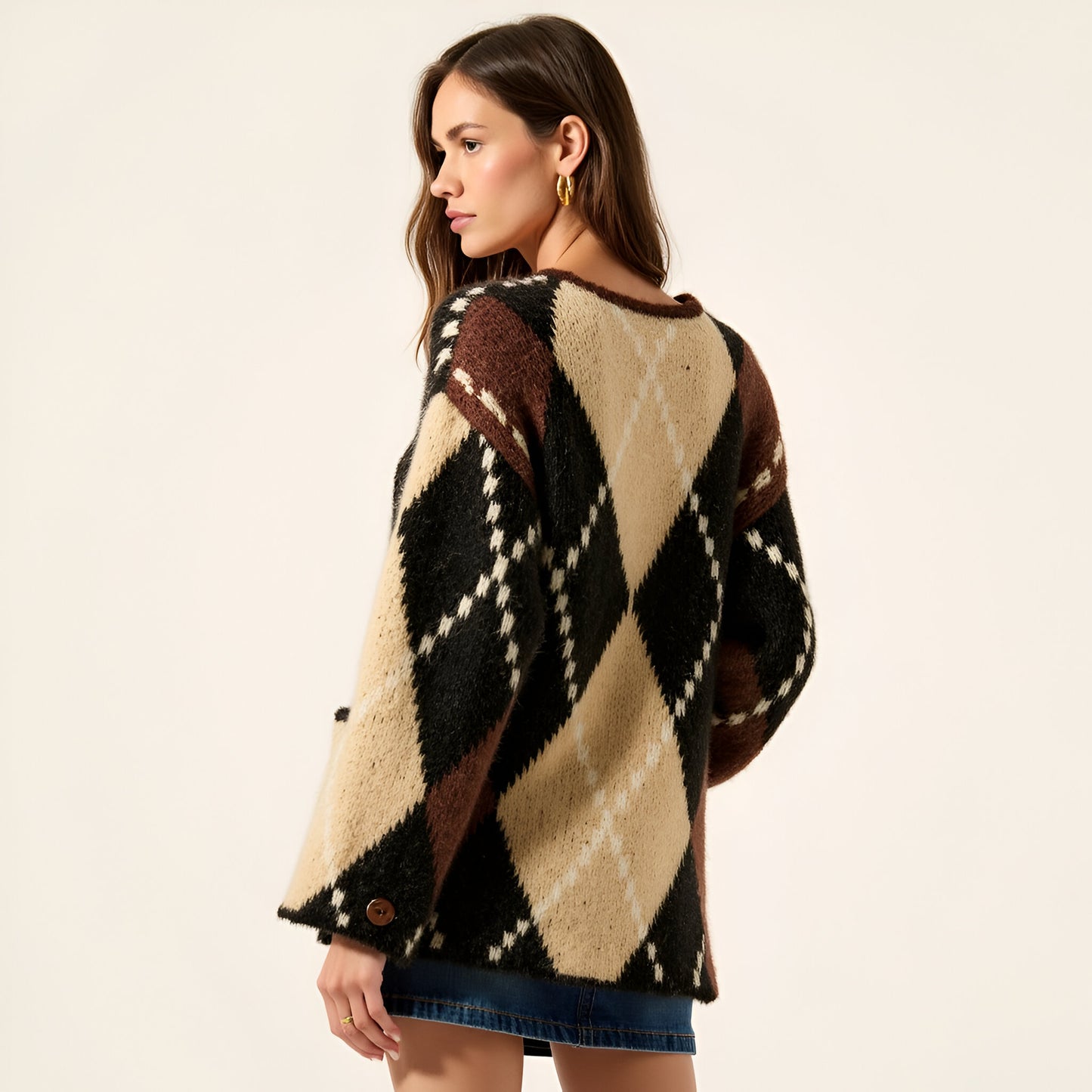 Argyle Button Front Cardigan with Long Sleeves and Front Patch Pockets