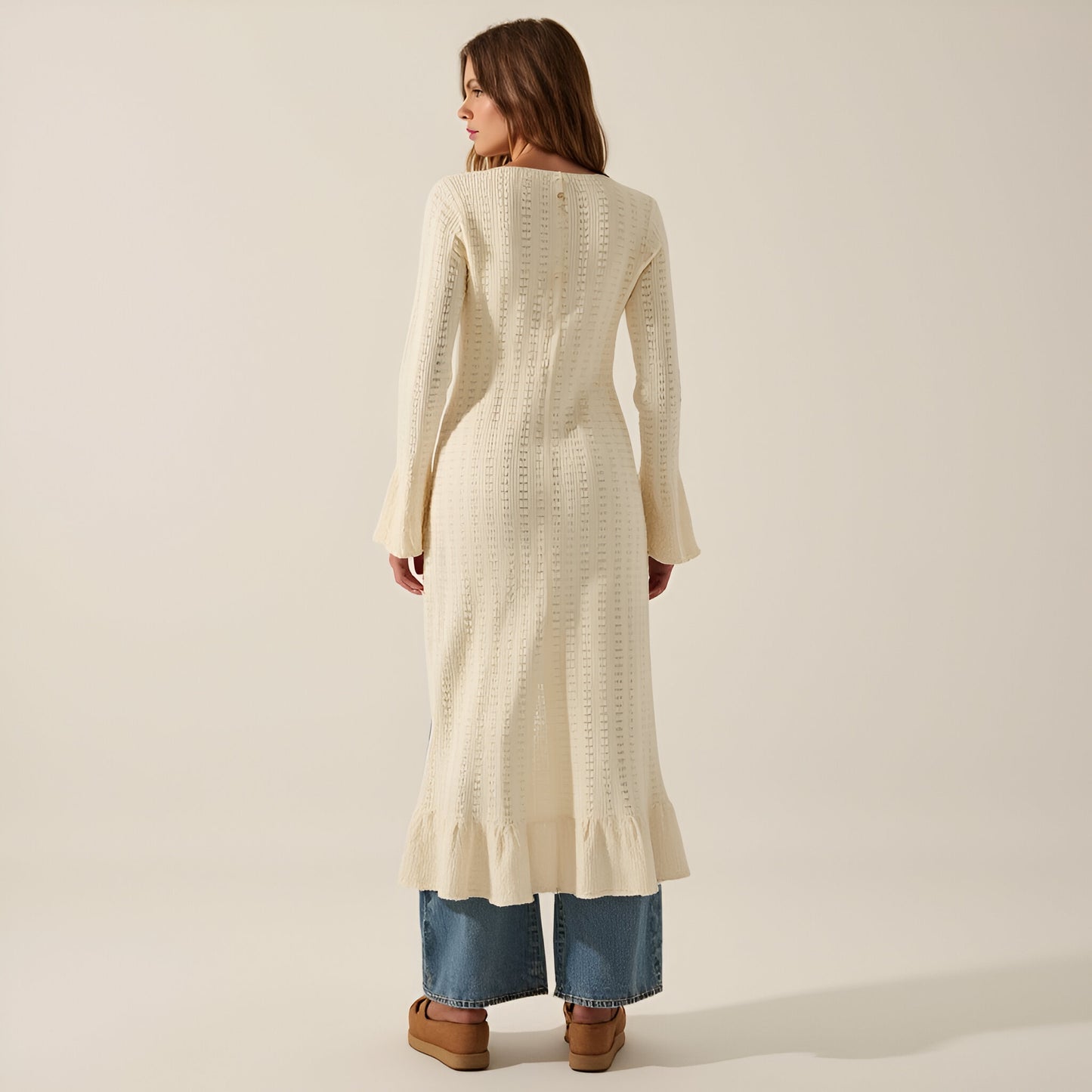 Pointelle Ribbed Knit Duster Cardigan with Trumpet Cuffs and Ruffle Hem