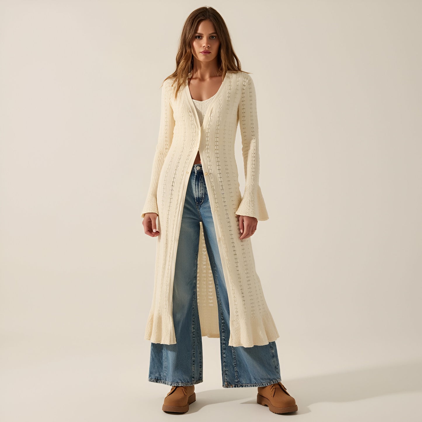Pointelle Ribbed Knit Duster Cardigan with Trumpet Cuffs and Ruffle Hem