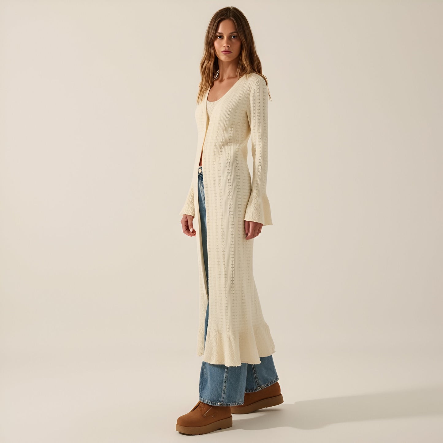 Pointelle Ribbed Knit Duster Cardigan with Trumpet Cuffs and Ruffle Hem