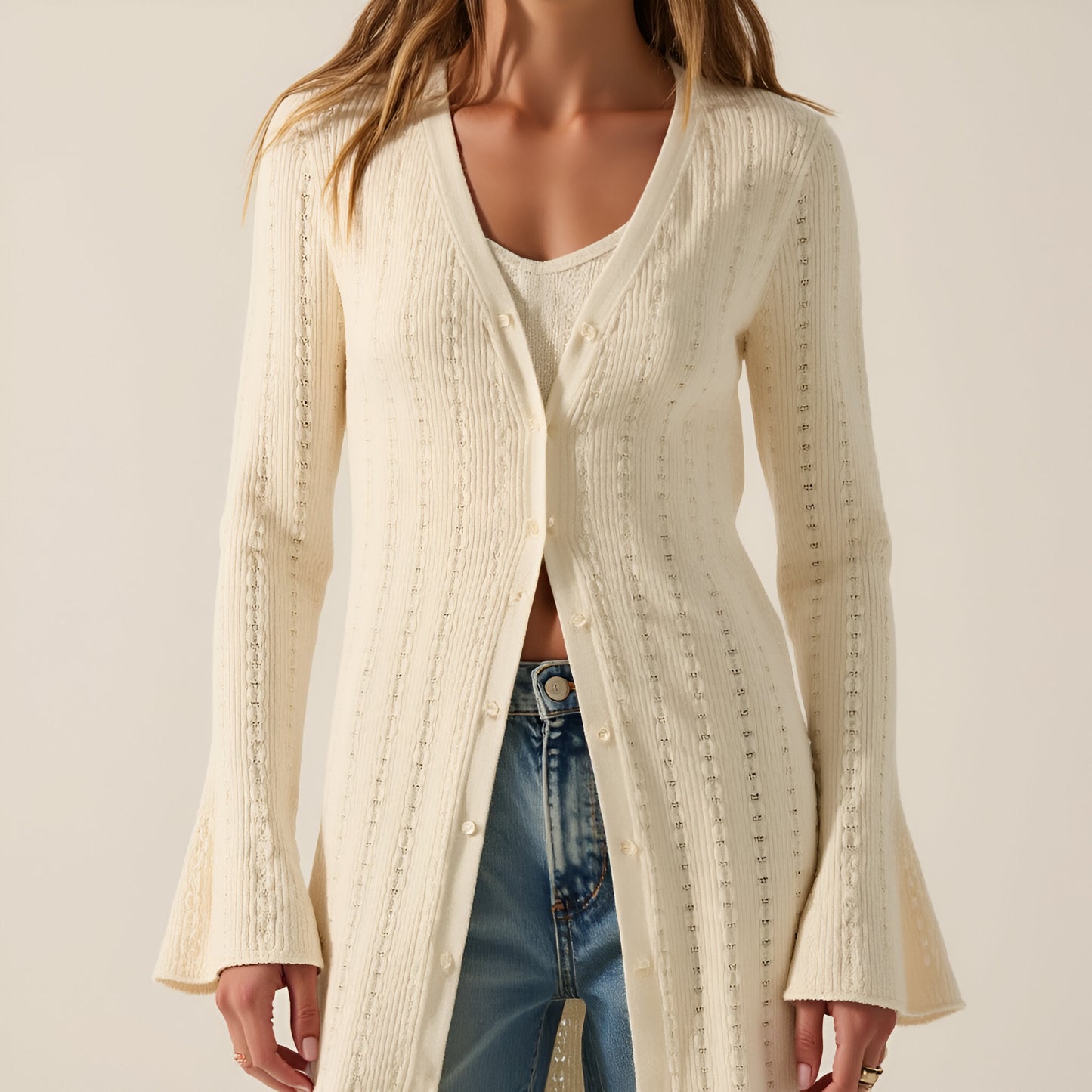 Pointelle Ribbed Knit Duster Cardigan with Trumpet Cuffs and Ruffle Hem