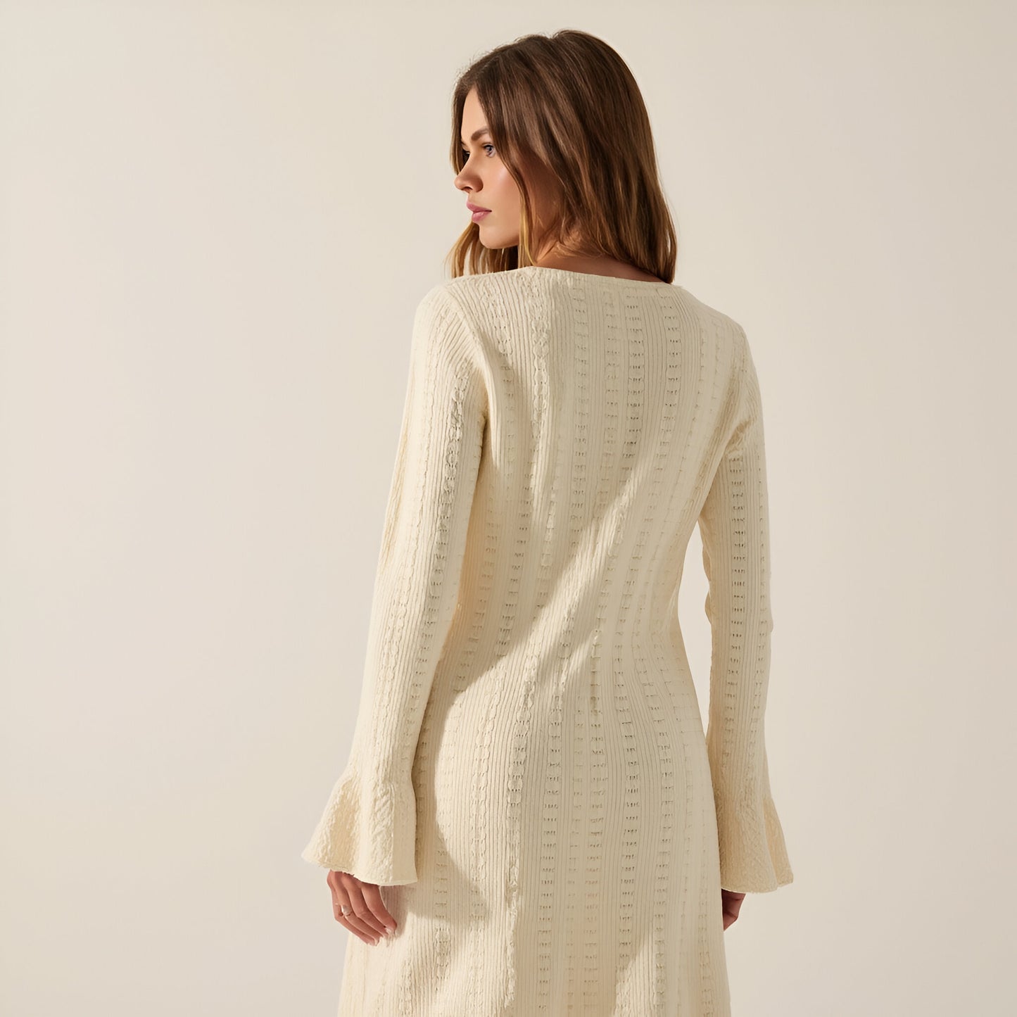 Pointelle Ribbed Knit Duster Cardigan with Trumpet Cuffs and Ruffle Hem