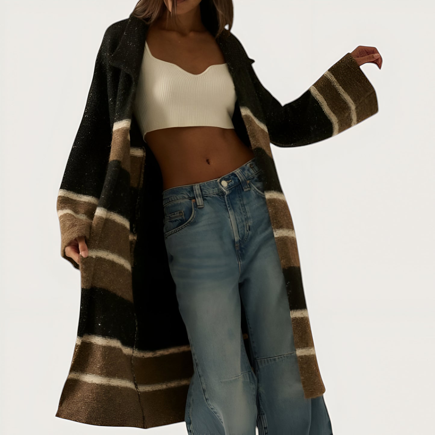 Colorblock Stripe Confetti Knit Cardigan Sweater with Oversize Collar and Wide Sleeves