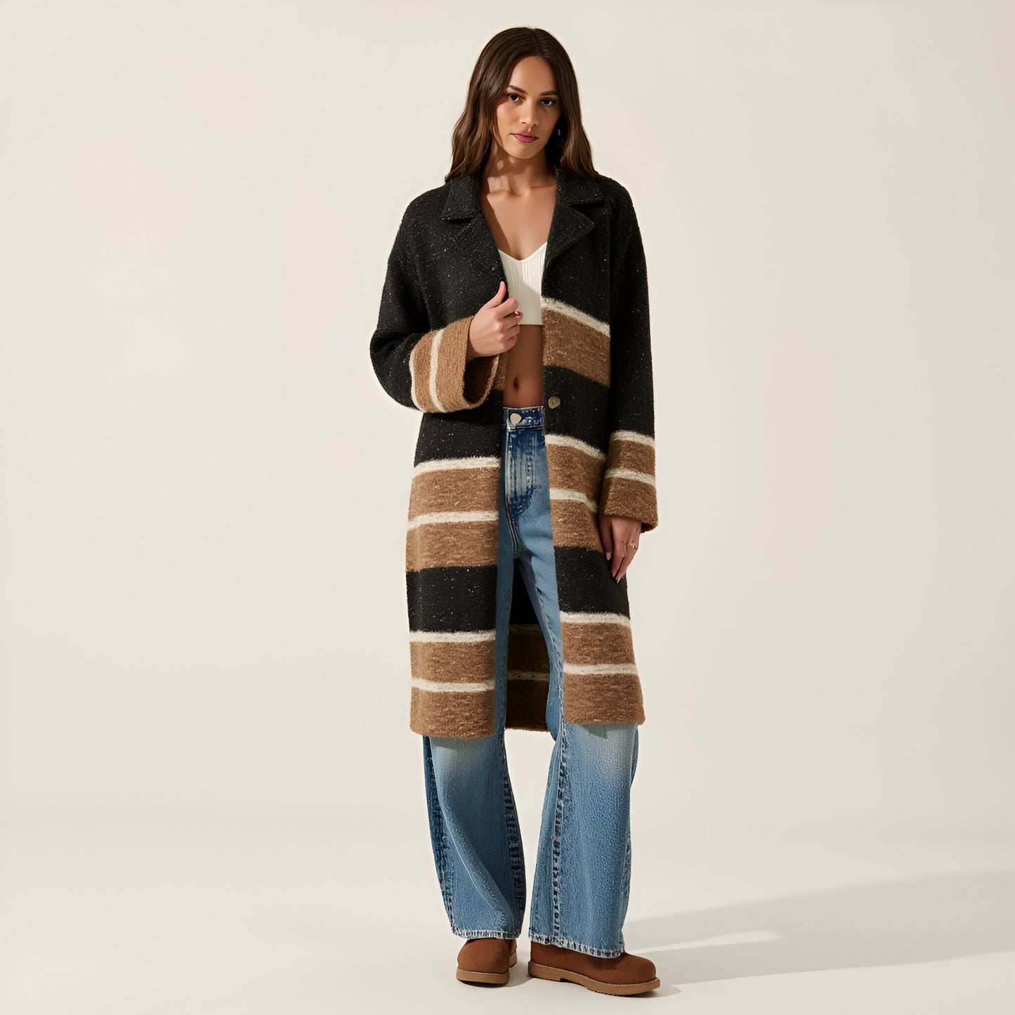 Colorblock Stripe Confetti Knit Cardigan Sweater with Oversize Collar and Wide Sleeves