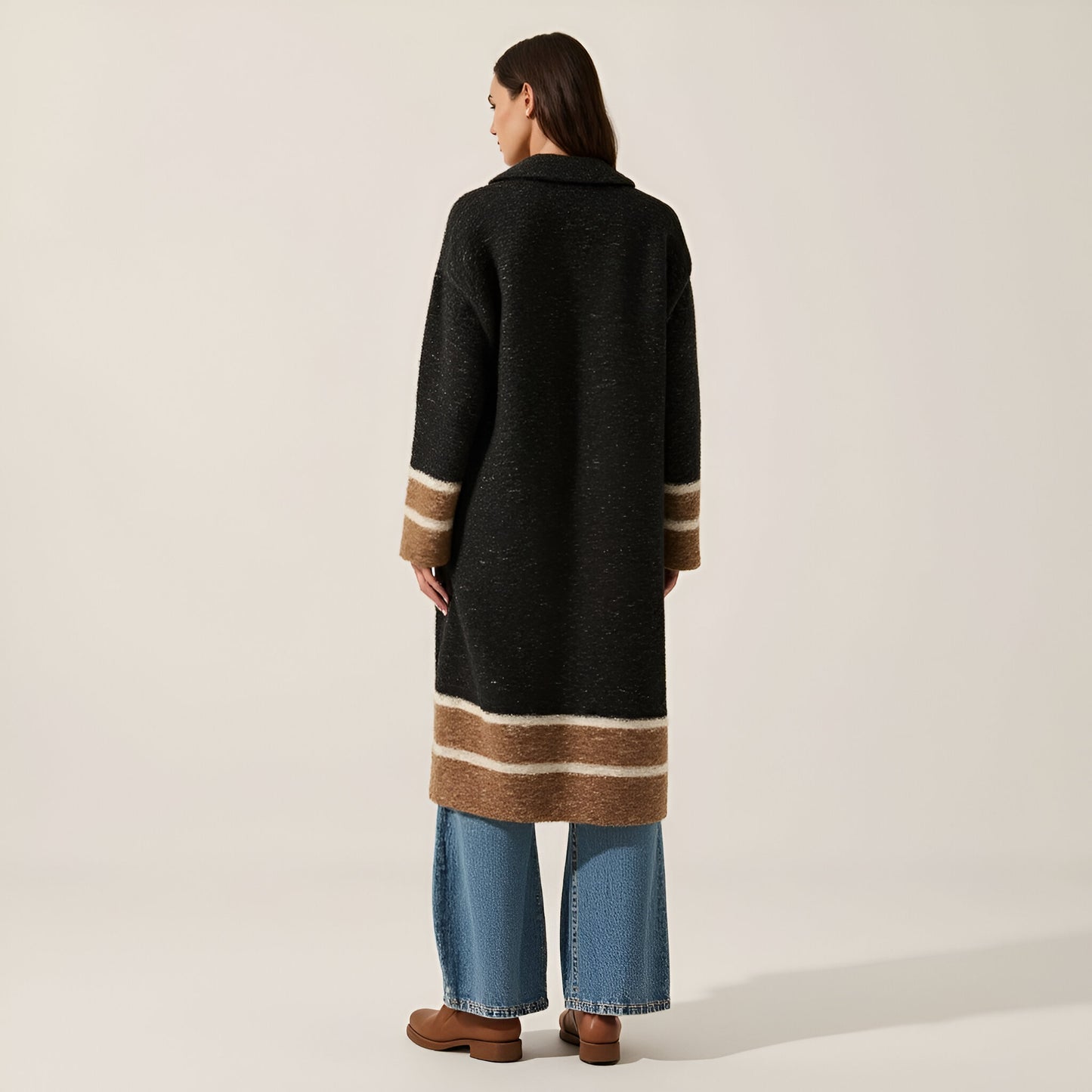 Colorblock Stripe Confetti Knit Cardigan Sweater with Oversize Collar and Wide Sleeves