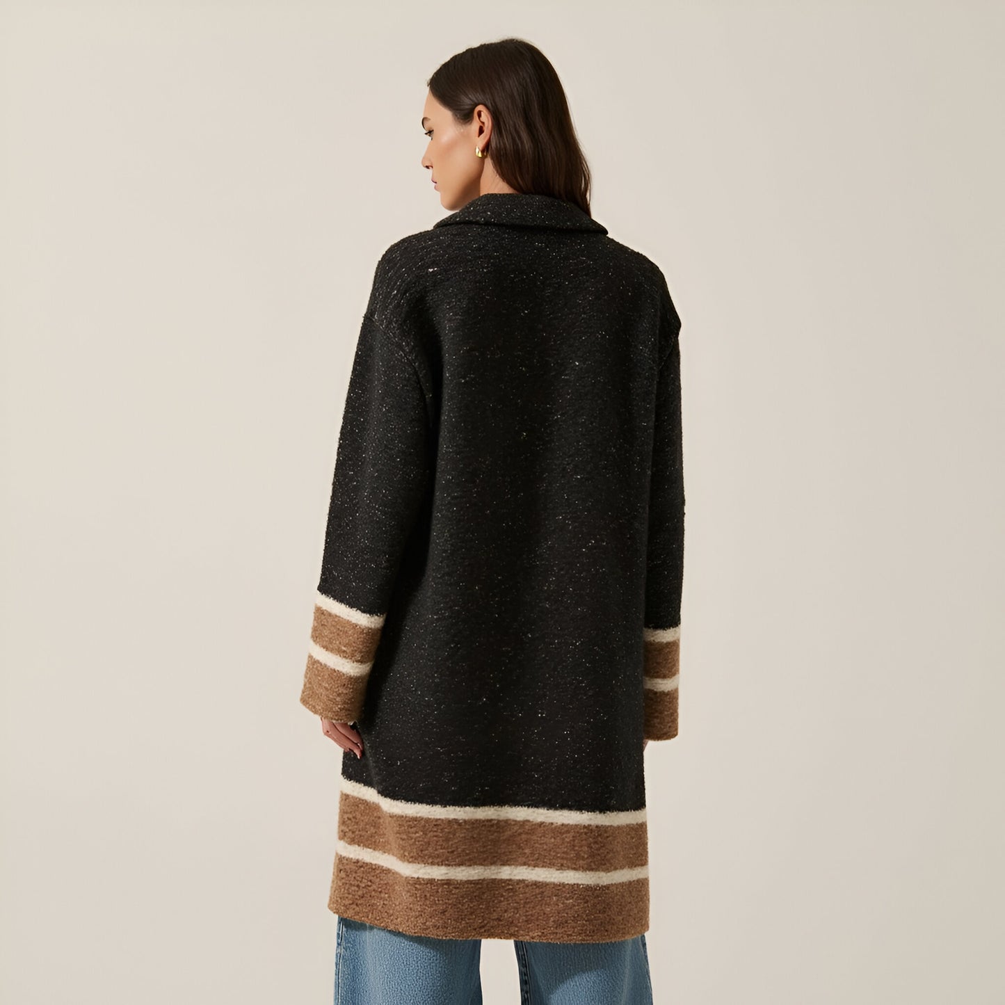 Colorblock Stripe Confetti Knit Cardigan Sweater with Oversize Collar and Wide Sleeves