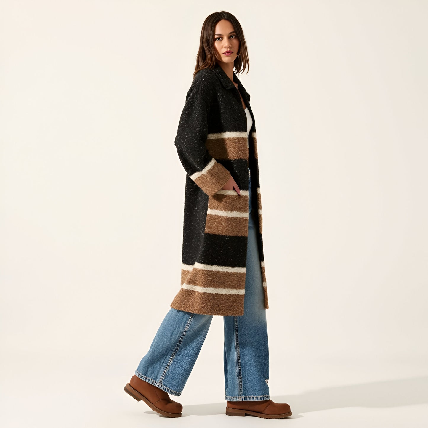 Colorblock Stripe Confetti Knit Cardigan Sweater with Oversize Collar and Wide Sleeves
