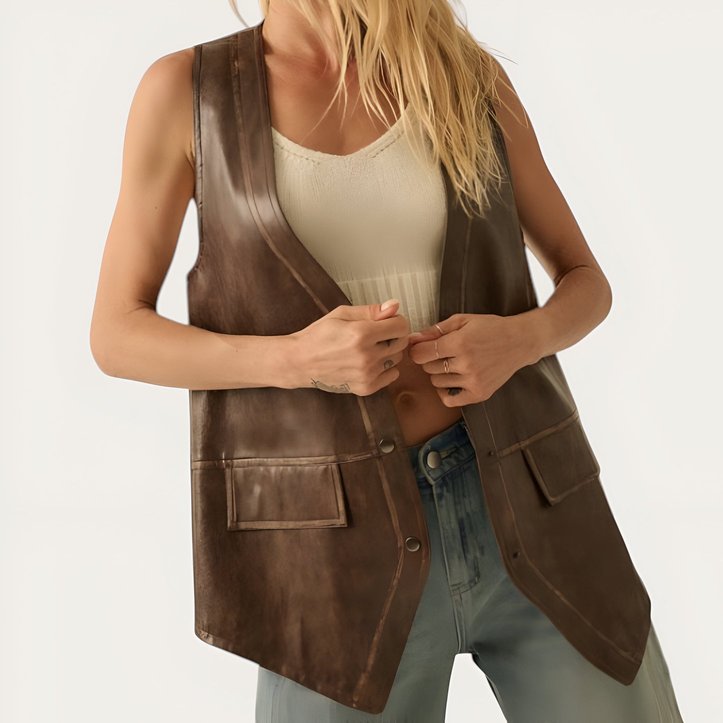 Faux Leather Vest with Snap Buttons, Piping Trim and Peaked Hem