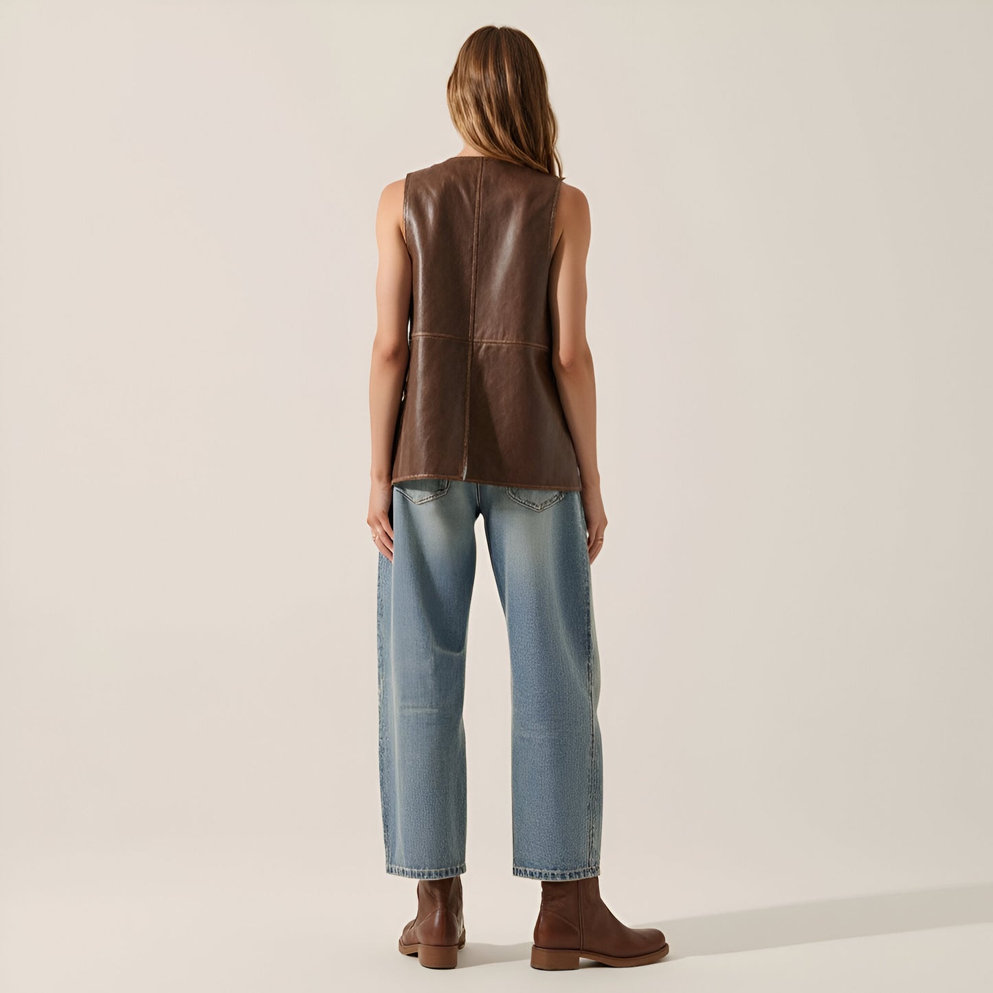 Faux Leather Vest with Snap Buttons, Piping Trim and Peaked Hem