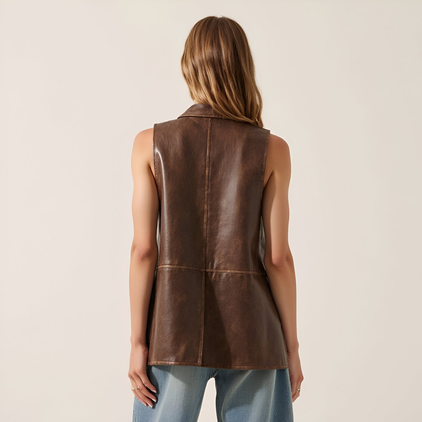 Faux Leather Vest with Snap Buttons, Piping Trim and Peaked Hem