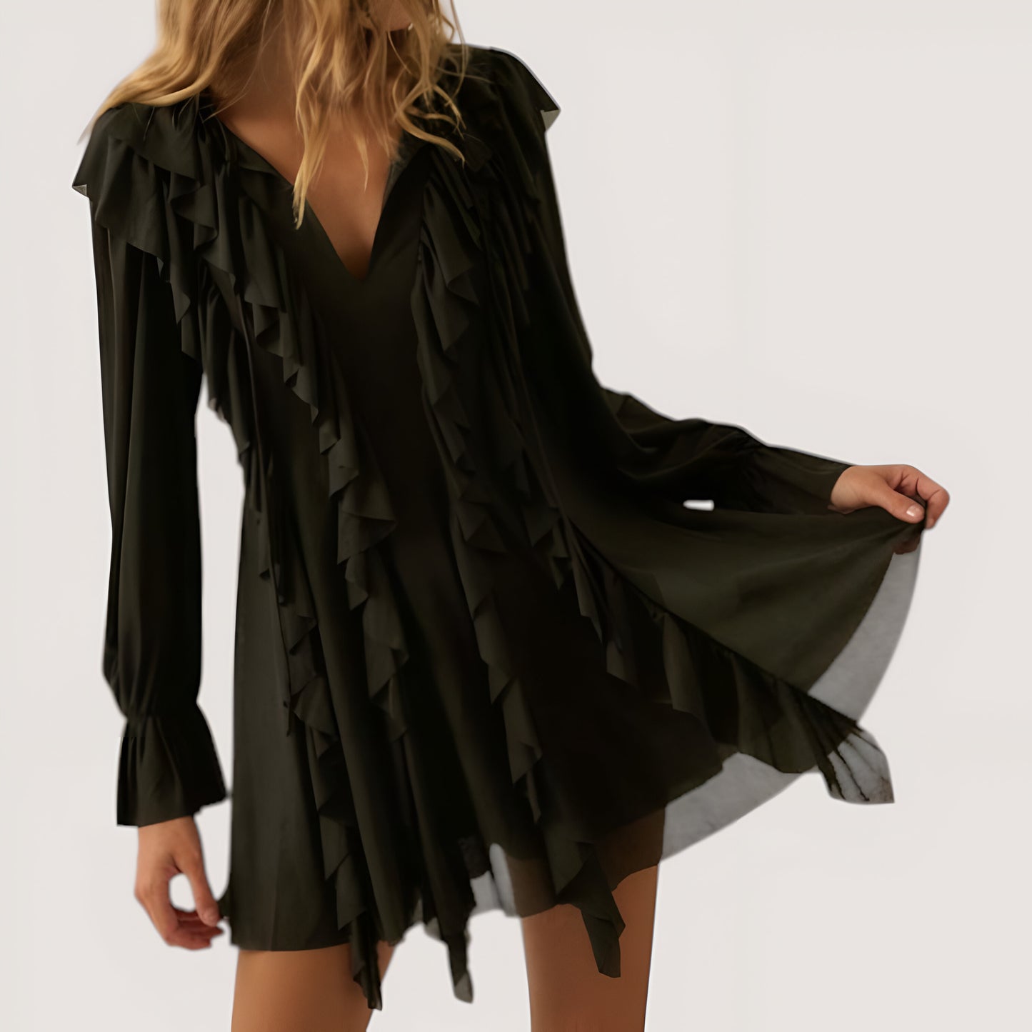 Solid Knit Romper with V-Neck Tie Closure, Cascading Ruffles and Long Bubble Sleeves