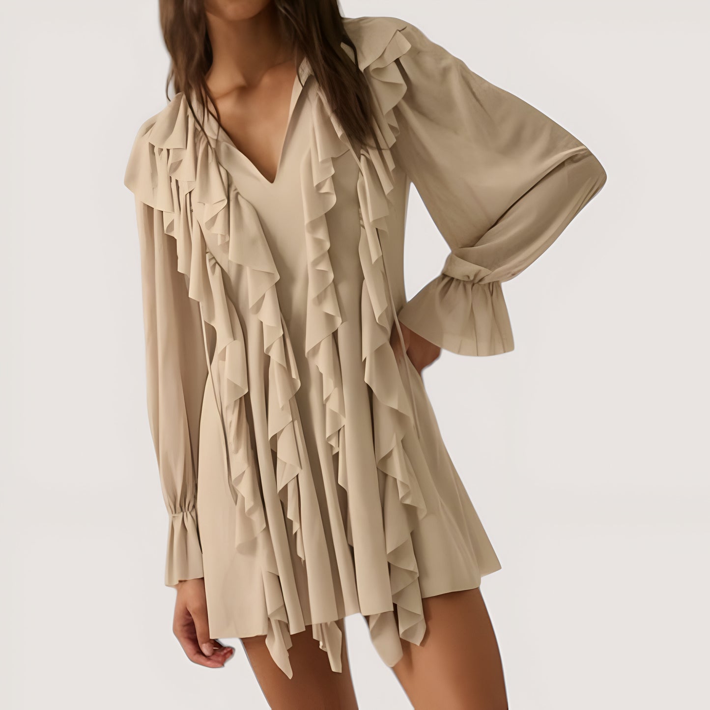 Solid Knit Romper with V-Neck Tie Closure, Cascading Ruffles and Long Bubble Sleeves