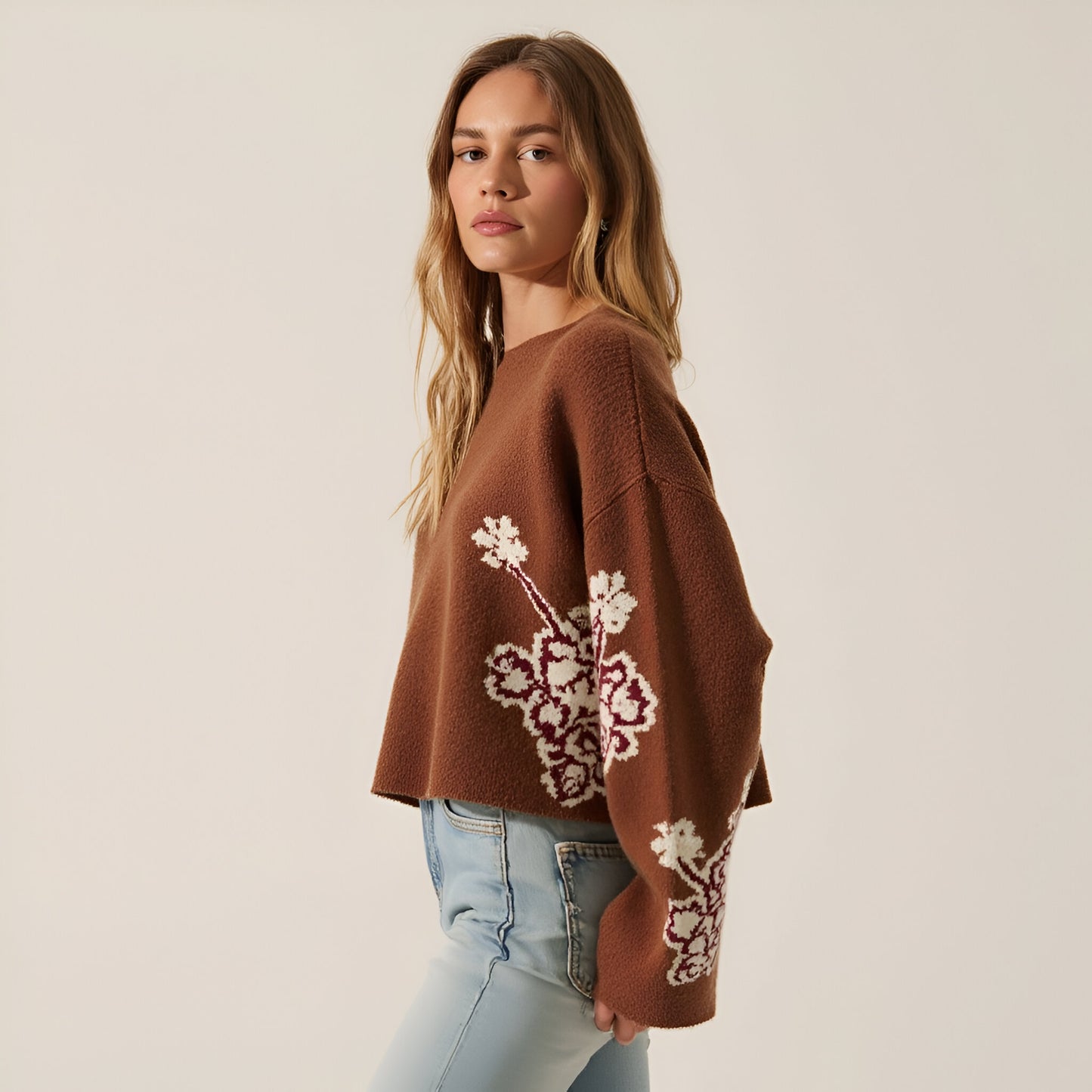 Floral Jacquard Knit Sweater with Boat Neckline and Drop Shoulder Wide Sleeves