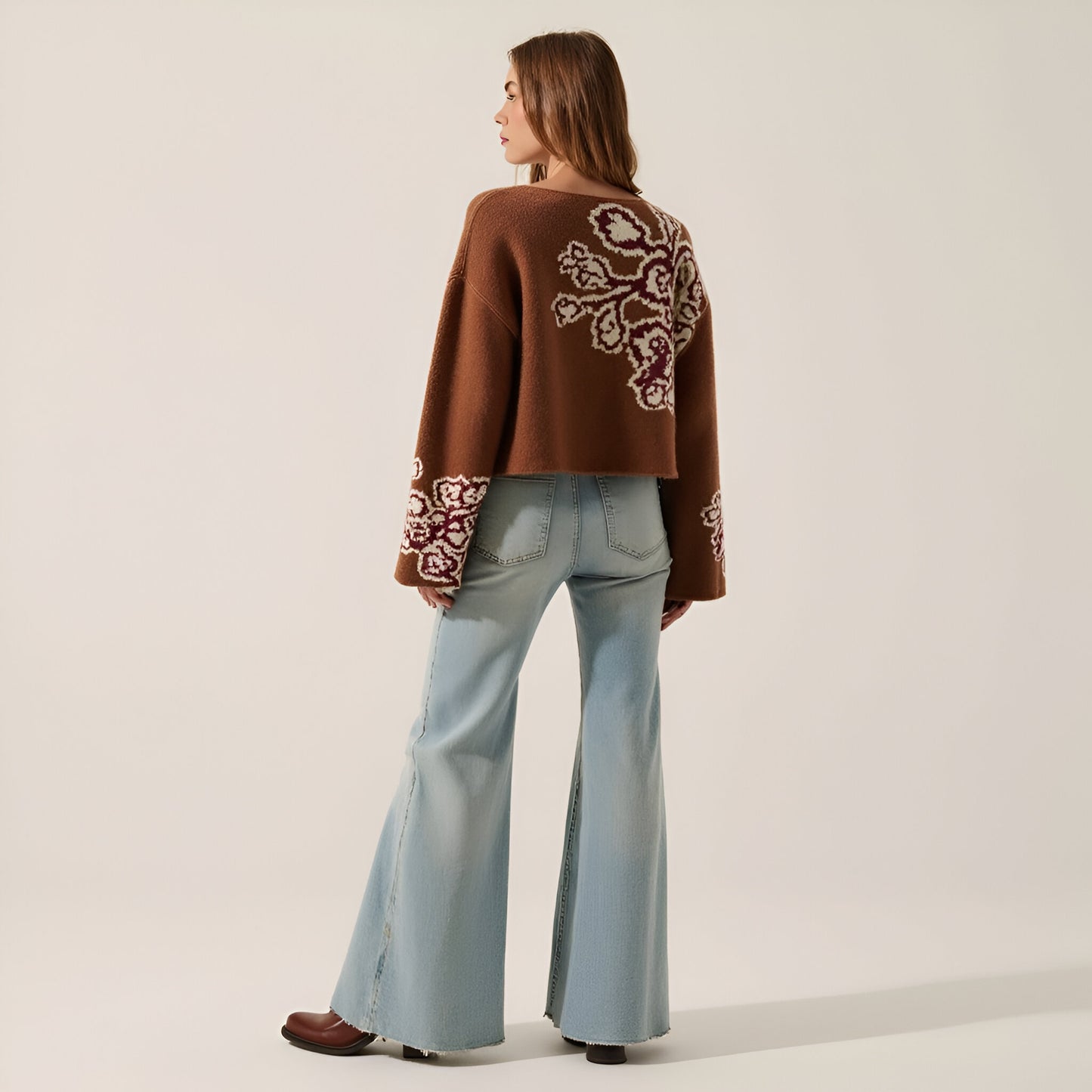 Floral Jacquard Knit Sweater with Boat Neckline and Drop Shoulder Wide Sleeves