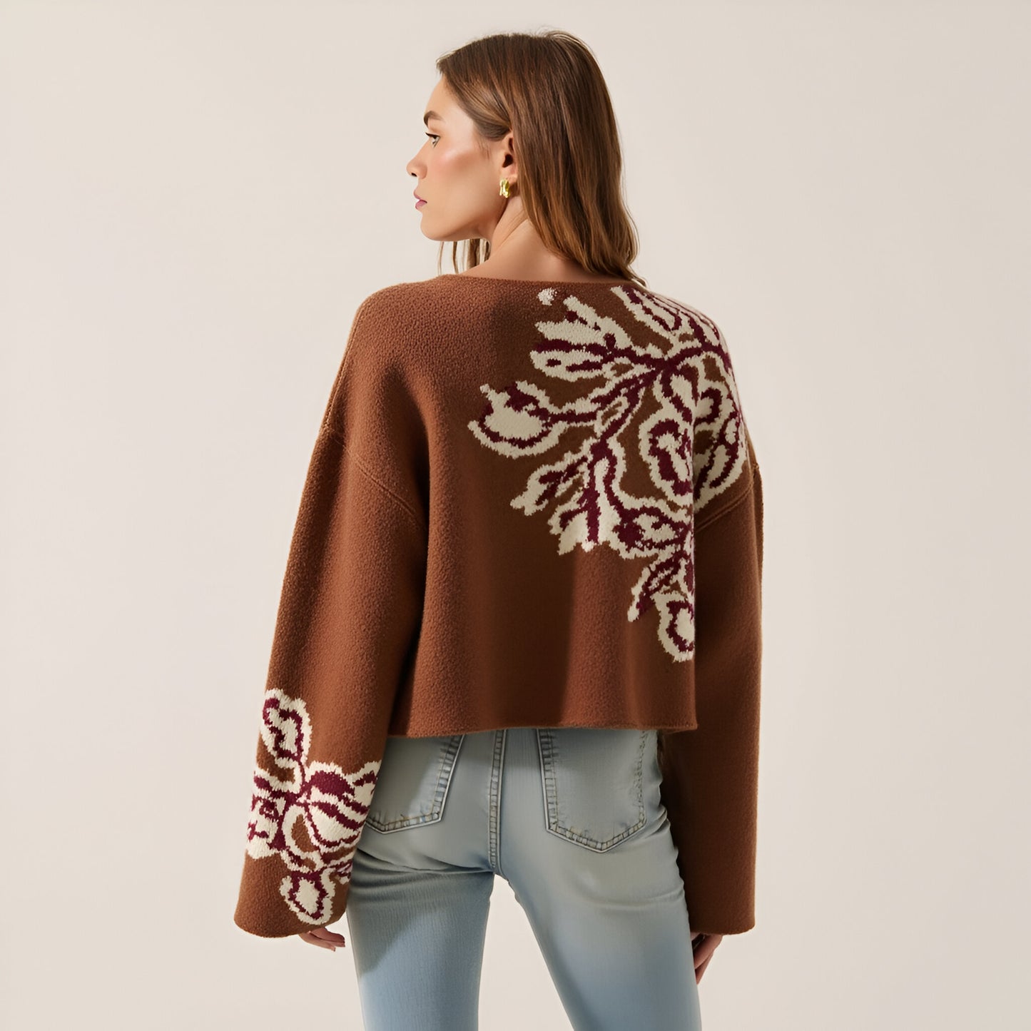 Floral Jacquard Knit Sweater with Boat Neckline and Drop Shoulder Wide Sleeves
