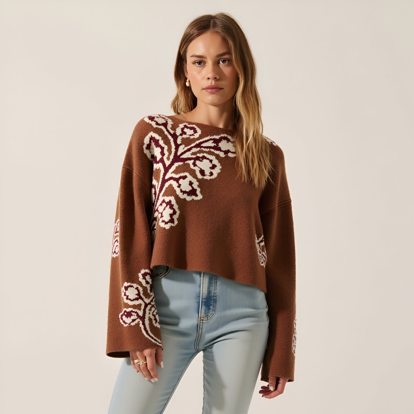 Floral Jacquard Knit Sweater with Boat Neckline and Drop Shoulder Wide Sleeves