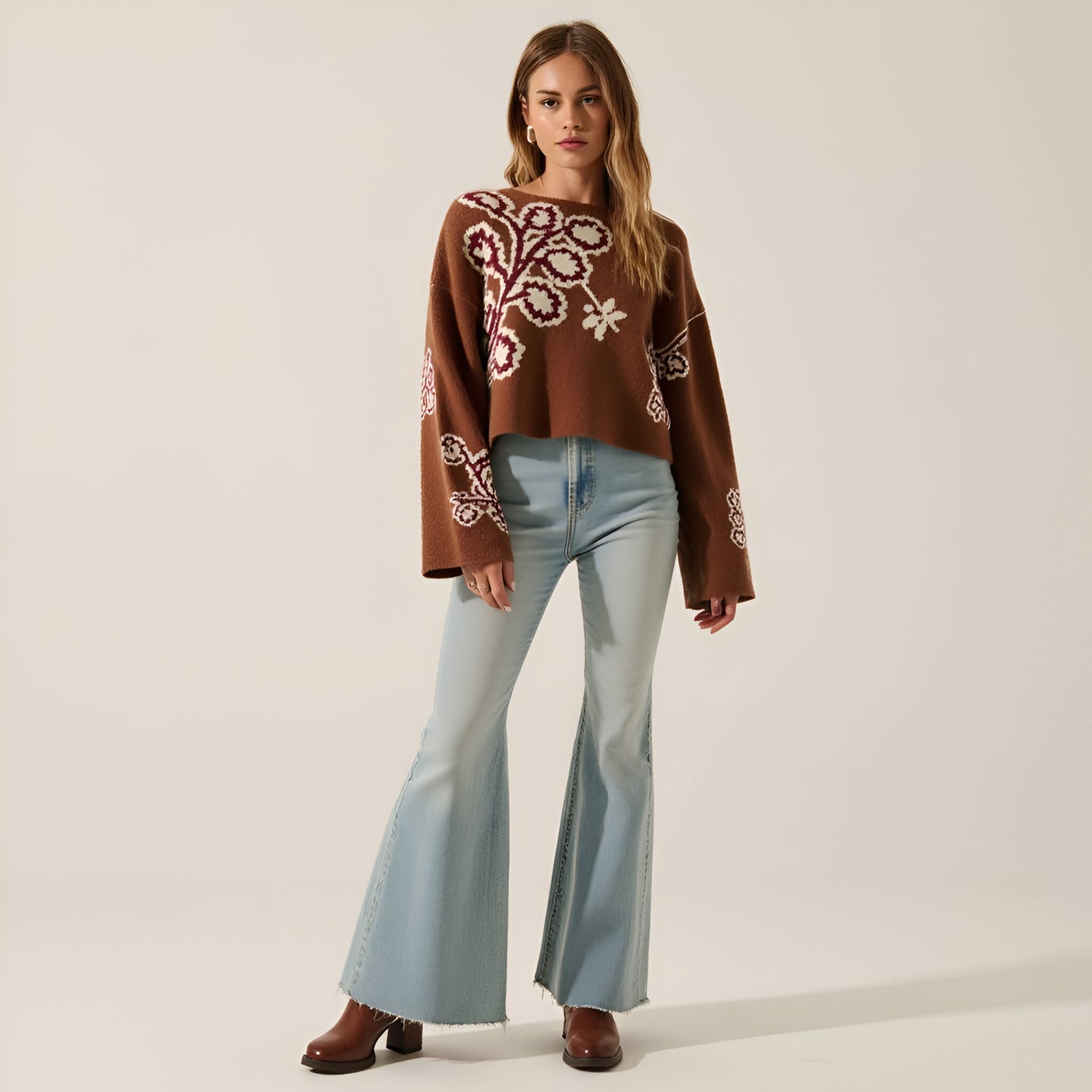 Floral Jacquard Knit Sweater with Boat Neckline and Drop Shoulder Wide Sleeves