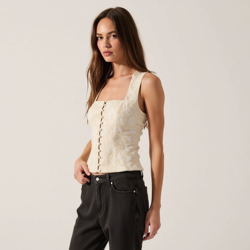 Floral Jacquard Corset-Inspired Top with Covered Button Front