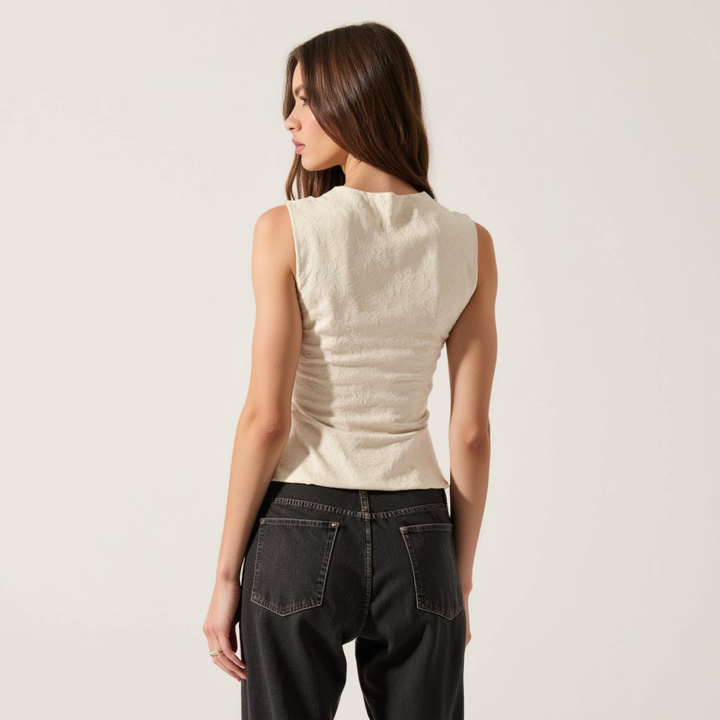 Floral Jacquard Corset-Inspired Top with Covered Button Front