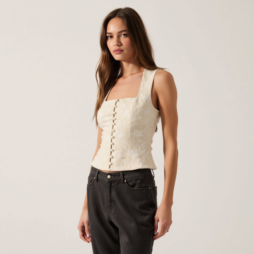 Floral Jacquard Corset-Inspired Top with Covered Button Front