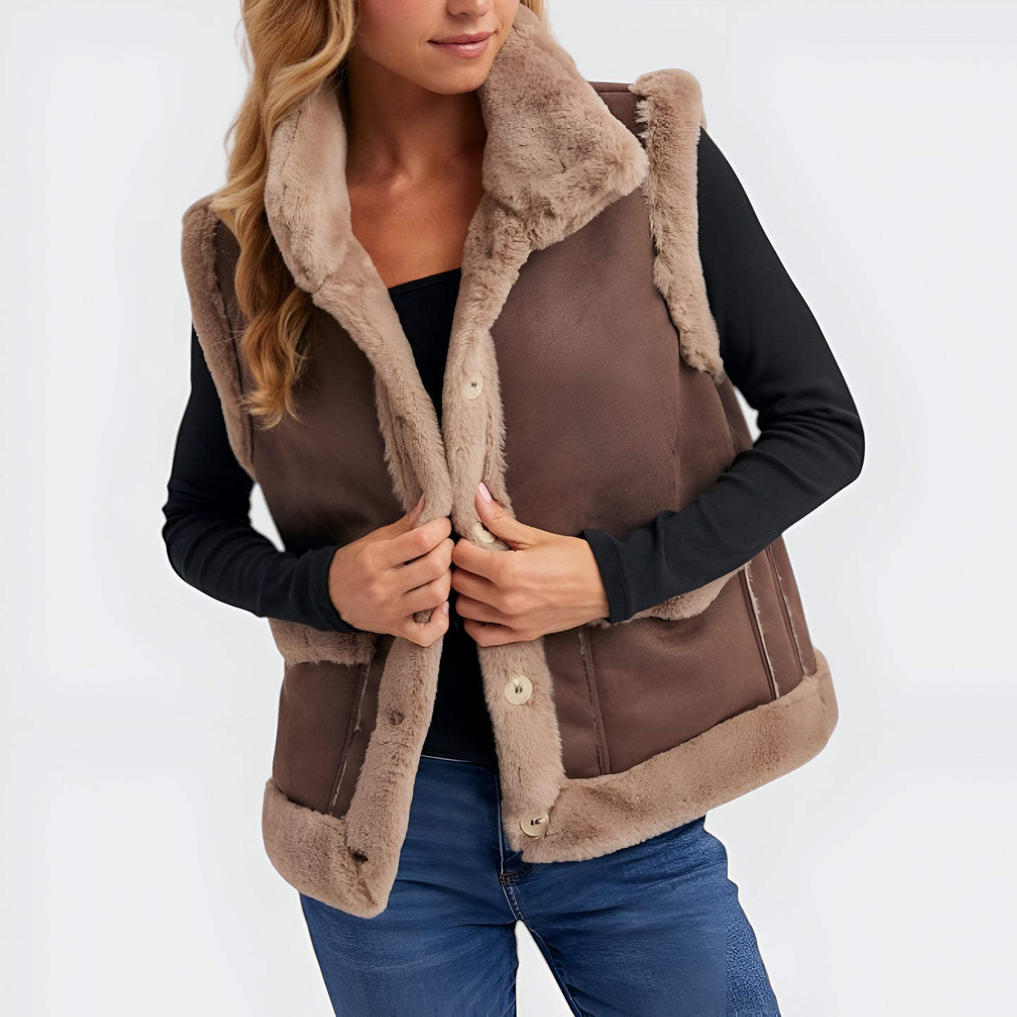 Faux Shearling Trim Vest with Button Front and Patch Pockets