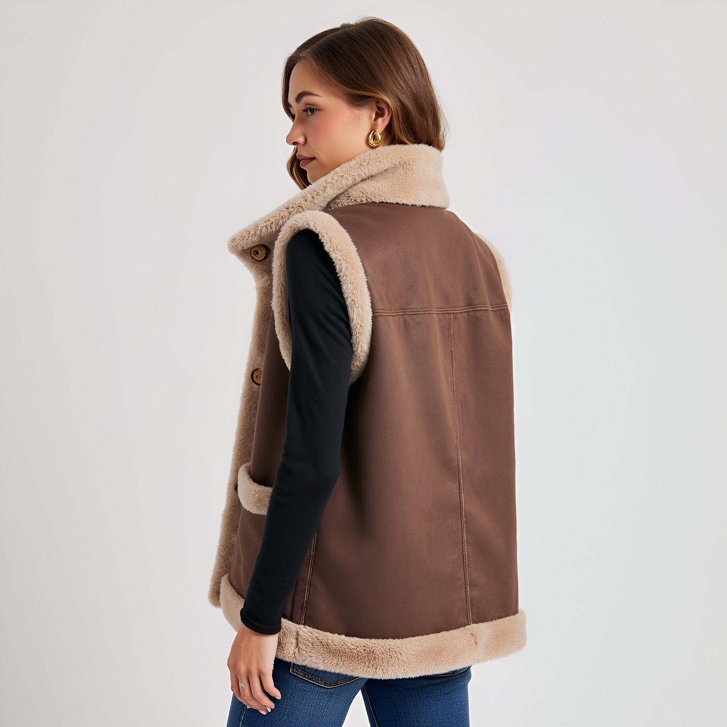 Faux Shearling Trim Vest with Button Front and Patch Pockets