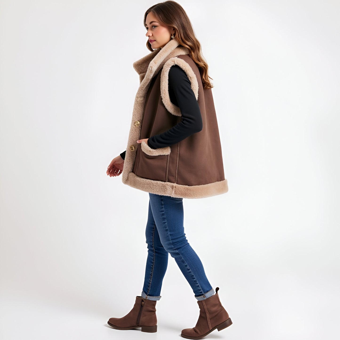 Faux Shearling Trim Vest with Button Front and Patch Pockets