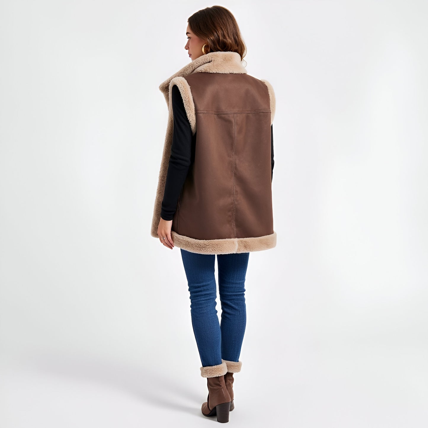 Faux Shearling Trim Vest with Button Front and Patch Pockets