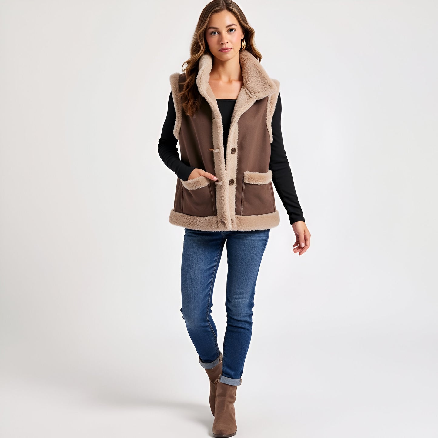 Faux Shearling Trim Vest with Button Front and Patch Pockets