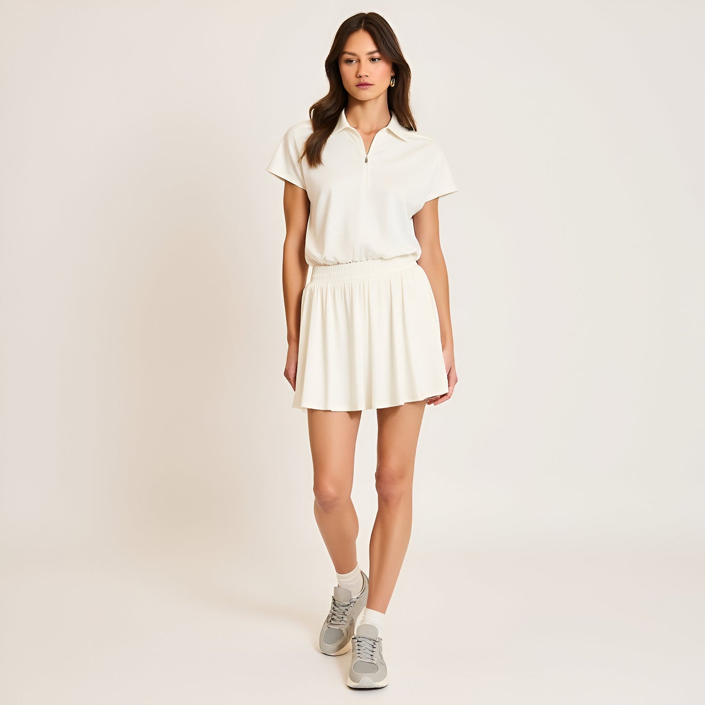 Short Sleeve Zip-Front Collared Romper with Elastic Waist and Flared Hem